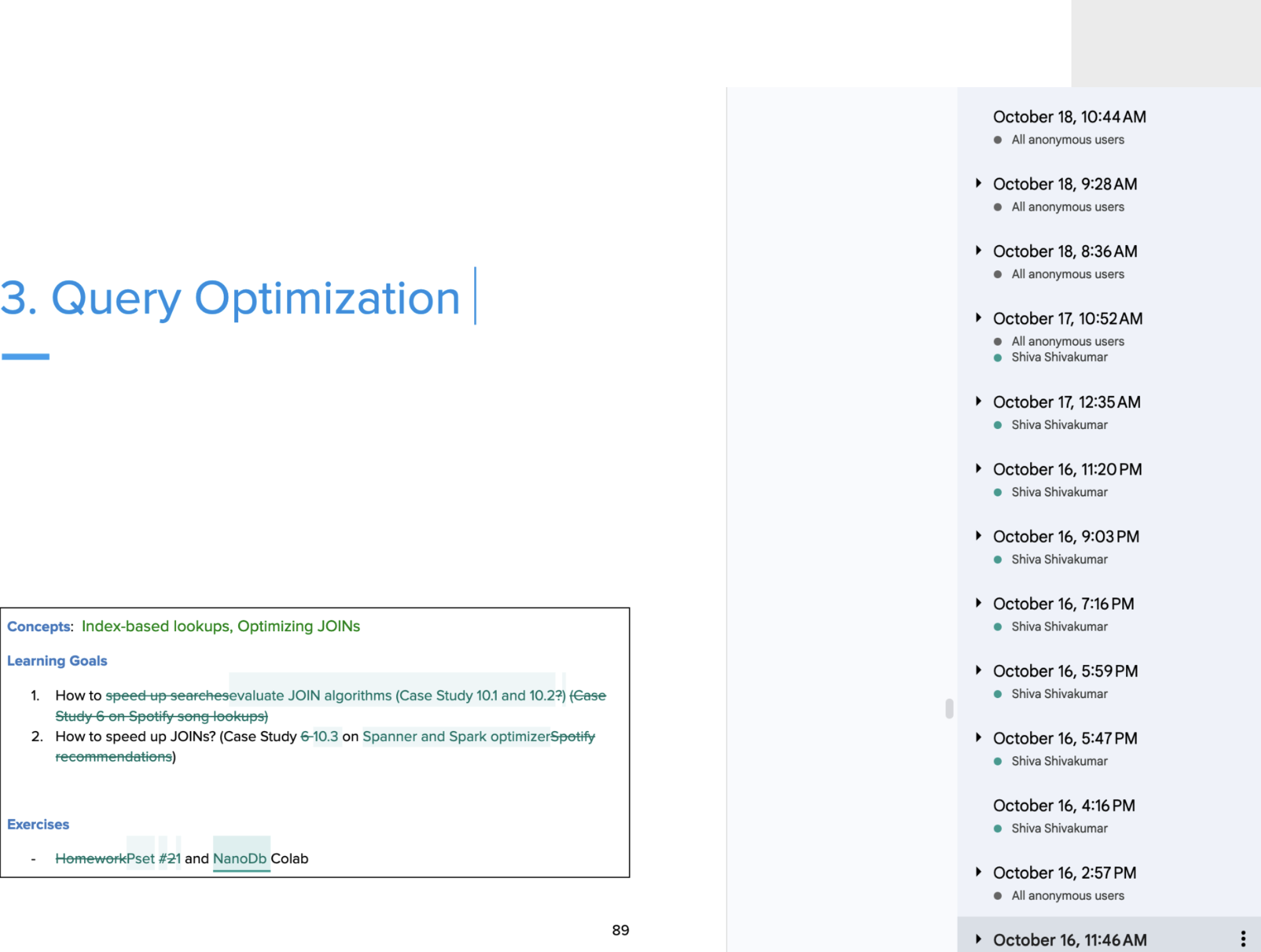 Google Docs version history showing change tracking