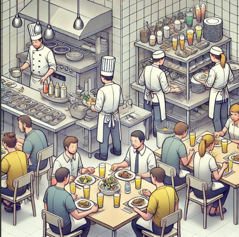Busy restaurant kitchen with multiple orders